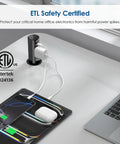 No Sweat Install 2 Inch Pop Up Receptacle For Countertops And Desks, Spring Loaded Design with ETL certification on a work desk.