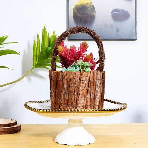 Straight Up Essential 4 Inch Craft Sticks, 45 Pcs Natural Wood Twigs With Original Bark For Rustic Diy Photo Props, School Art Projects And Handmade Card Making, Hella Versatile Bulk Supplies in a handmade twig basket with succulents.