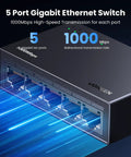 UGREEN Ethernet Switch, 5 Port Gigabit Ethernet Splitter, showcasing 1000Mbps speed, wall-mount option, with LED indicators.