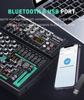4 Channel DJ Mixer With Bluetooth, USB MP3 Input, 256 DSP, 48V Phantom Power, shown with laptop and smartphone for streaming