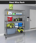 Steel wire rack with various storage items on 4 inch caster wheels set of four with locking threaded stem 1/2-13 x 1-1/2 inches