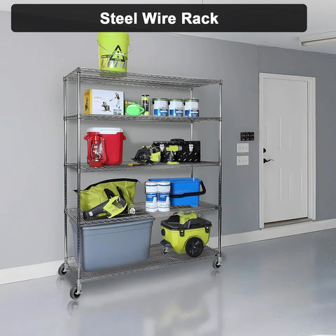 Steel wire rack with various storage items on 4 inch caster wheels set of four with locking threaded stem 1/2-13 x 1-1/2 inches