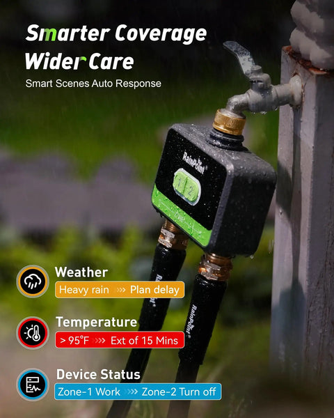 WiFi Garden Hose Water Timer With Brass Inlet And Outlet Two Zone Smart Hose Timer attached to outdoor faucet.
