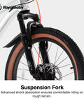 Close-up of suspension fork on Kids Mountain Bike 20 Inch Aluminum Frame with front disc brake, highlighting smooth ride feature.