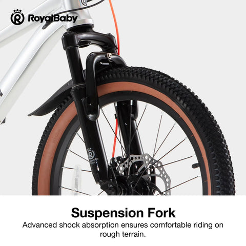 Close-up of suspension fork on Kids Mountain Bike 20 Inch Aluminum Frame with front disc brake, highlighting smooth ride feature.