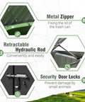 Close-up of metal zipper, hydraulic rod, and door locks on 5.8x3.3 Ft outdoor storage shed with steel frame and galvanized metal construction.