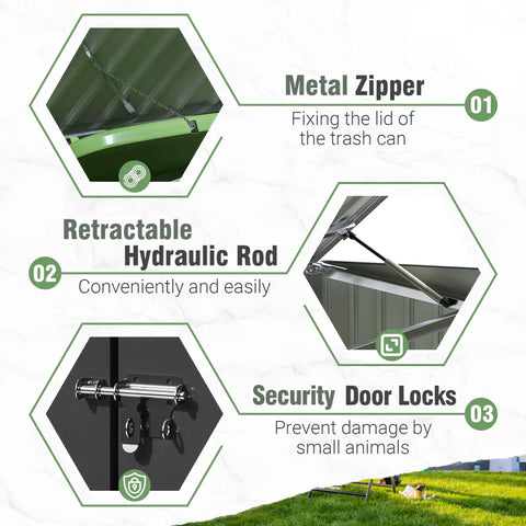 Close-up of metal zipper, hydraulic rod, and door locks on 5.8x3.3 Ft outdoor storage shed with steel frame and galvanized metal construction.