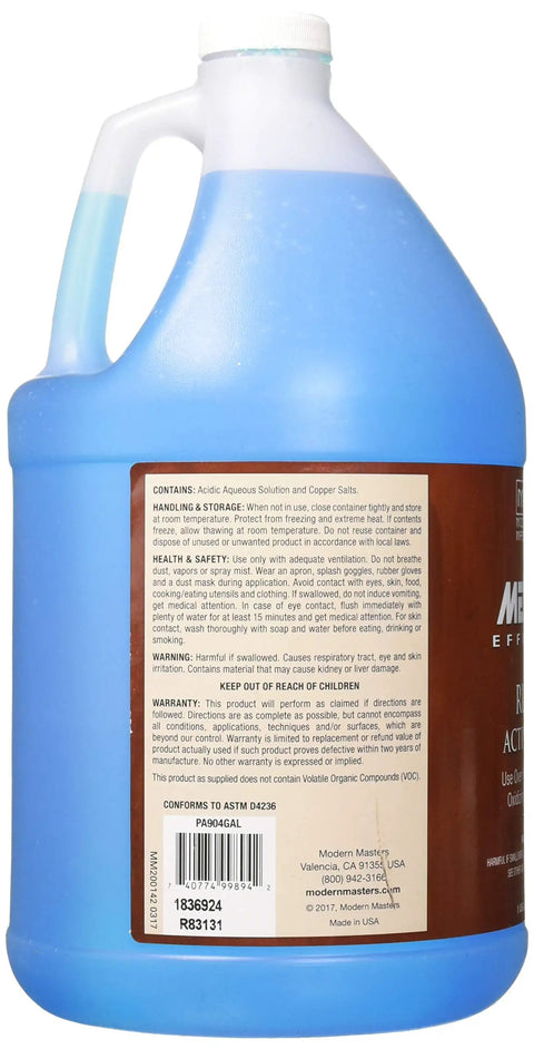 Side view of Rust Activator For Metal Effects 1 Gal PA904 Water Based Acidic Solution, detailing label and packaging.