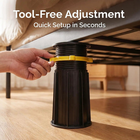 Tool-free adjustment of Heavy Duty Adjustable Bed Support Legs Four Pack for easy height setup under mattress frame.