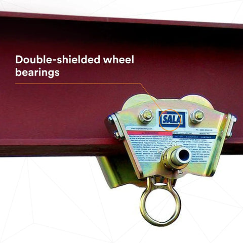 Heavy Duty I Beam Trolley For Self Retracting Lifeline Use With Fixed Rotating D Ring Mounts Fits 3 To 8 Inch Beam Flanges