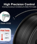 PLA 1.75mm Filament Bundle For 3D Printers, 2kg Total, close-up of roasted chestnut black spool with caliper and temperature info