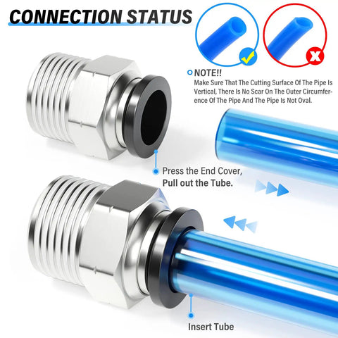 Push To Connect Pneumatic Fittings One Half Inch Tube OD To One Half Inch NPT Male Straight Quick Connect Copper And Plastic Construction Works With PU And PA Tubing 0 To 145 PSI Pack Of Two in use with blue tubing