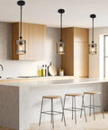 Rustic Wood And Glass Pendant Light With Matte Black Frame, Adjustable Farmhouse Lighting for Kitchen Island featuring 3 lights