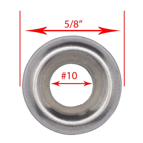 Front view of stainless steel cup washer, No. 10 inner hole, 5/8 in outer diameter, countersunk finish