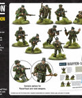 30 Piece Mid To Late War Waffen-SS Grenadiers Plastic Miniatures For Bolt Action WW2 Tabletop War Gamers With Diverse Weapon Configurations And Command Models Including STG44 MG42 MP40 Kar 98K Gewehr 43 And Panzerfaust displayed in packaging with assembly instructions.