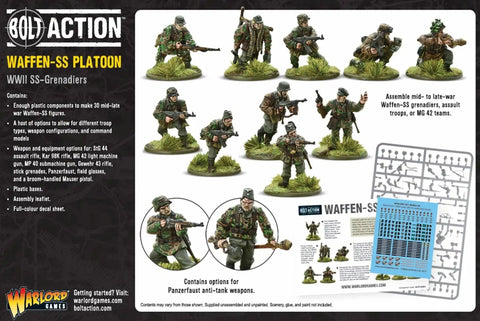 30 Piece Mid To Late War Waffen-SS Grenadiers Plastic Miniatures For Bolt Action WW2 Tabletop War Gamers With Diverse Weapon Configurations And Command Models Including STG44 MG42 MP40 Kar 98K Gewehr 43 And Panzerfaust displayed in packaging with assembly instructions.