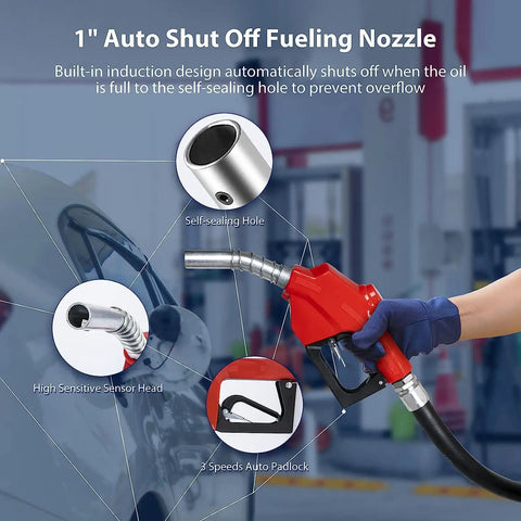 1 Inch By 50 Foot Fuel Hose Reel With Spring Driven Retractable Design, 300 PSI Diesel Hose Reel, Auto Swivel, fueling nozzle close-up