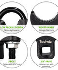 Toolwiz inner tie rod removal tool, 3/8 drive, low-profile ridged inner jaw, U-bolt with nut.