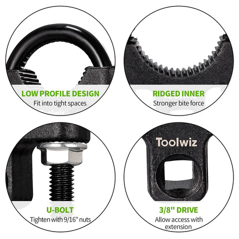 Toolwiz inner tie rod removal tool, 3/8 drive, low-profile ridged inner jaw, U-bolt with nut.