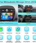 Mitsubishi Mirage 2012-2018 Android Car Stereo With Wireless CarPlay And Android Auto 9 Inch Touch Screen Dash Kit GPS Navigation WiFi Bluetooth SWC Mic Backup Camera 2 Plus 64GB installed in a car dashboard showing app icons.