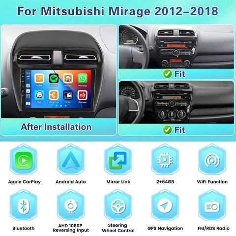 Mitsubishi Mirage 2012-2018 Android Car Stereo With Wireless CarPlay And Android Auto 9 Inch Touch Screen Dash Kit GPS Navigation WiFi Bluetooth SWC Mic Backup Camera 2 Plus 64GB installed in a car dashboard showing app icons.