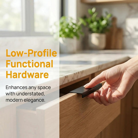Two Pack Matte Black Flat Cabinet Pulls With Finger Edge Handles For Drawers And Doors 80mm Center 3.15 Inch Length Low Profile Hidden Hardware Modern Style For Kitchen Cabinets Furniture Renovation And DIY Makeovers being installed on a wooden kitchen drawer