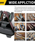 45 Piece One-Half Inch By Twelve Inch Knife Sharpener Sanding Belt Kit With Multiple Grits For WSKTS And WSKTS-KT Mk1 Mk2 Sharpener set next to images of sharpened tools.