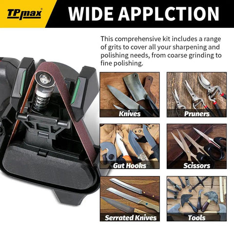 45 Piece One-Half Inch By Twelve Inch Knife Sharpener Sanding Belt Kit With Multiple Grits For WSKTS And WSKTS-KT Mk1 Mk2 Sharpener set next to images of sharpened tools.