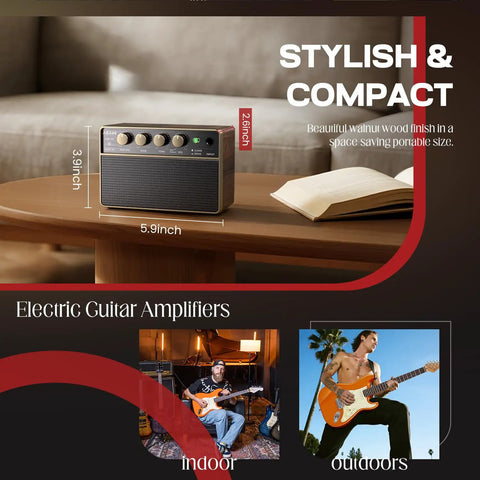 10W Portable Guitar Amp with Rechargeable Battery on a table, showing size and walnut finish, featured in indoor and outdoor use scenes.