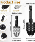 Two Pack Keyless Drill Chuck Set For Impact Driver With Quick Change One Quarter Inch Hex Shank Dual Size Chucks Zero Point Three To Six Point Five Millimeters And Zero Point Three To Three Point Six Millimeters Easy Bit Swaps Conversion Adapter with size dimensions and clamping range details