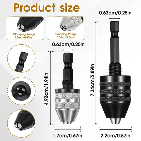 Two Pack Keyless Drill Chuck Set For Impact Driver With Quick Change One Quarter Inch Hex Shank Dual Size Chucks Zero Point Three To Six Point Five Millimeters And Zero Point Three To Three Point Six Millimeters Easy Bit Swaps Conversion Adapter with size dimensions and clamping range details