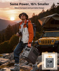 Man carrying Portable Power Station 1024Wh LiFePO4 Solar Generator With 1800W AC Output 3600W Peak for camping beside Jeep at sunset