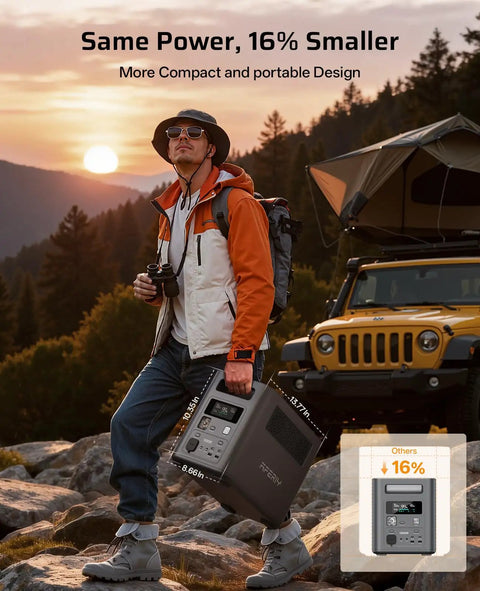 Man carrying Portable Power Station 1024Wh LiFePO4 Solar Generator With 1800W AC Output 3600W Peak for camping beside Jeep at sunset