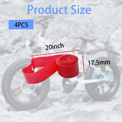 4 Pack 20 Inch Bicycle Rim Strip Tape For Tubeless Rims High Pressure Puncture Resistant PVC Wheel Liner Red To Protect Inner Tubes Great For Mountain And Road Bikes showing product size.