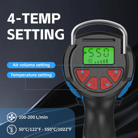 Cordless 20V Heat Gun Kit With Dual 4.0Ah Batteries, digital screen showing temperature settings and controls