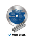 Evolution 14-inch carbide-tipped blade, 66 teeth for cutting mild steel; for circular and chop saws (front view).
