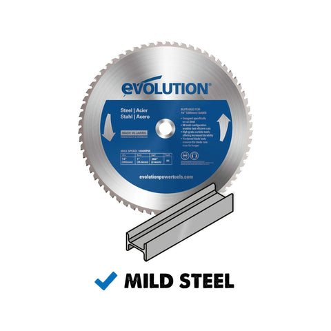 Evolution 14-inch carbide-tipped blade, 66 teeth for cutting mild steel; for circular and chop saws (front view).