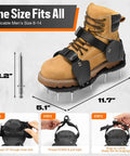 Pre Assembled Lawn Aerator Shoes With Heavy Duty Spikes For Easy Yard Aeration No Hassle Ready To Use Straight Out Of The Box Fits Men Size 6 To 14 For All Grass Types showing a boot with attached aerator, 2.2-inch spikes, dual-buckle design, and plastic base.