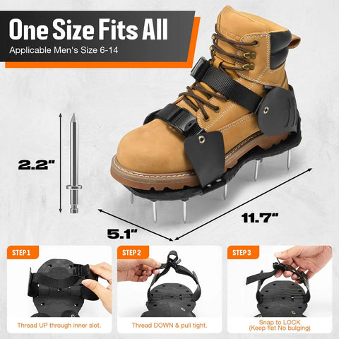 Pre Assembled Lawn Aerator Shoes With Heavy Duty Spikes For Easy Yard Aeration No Hassle Ready To Use Straight Out Of The Box Fits Men Size 6 To 14 For All Grass Types showing a boot with attached aerator, 2.2-inch spikes, dual-buckle design, and plastic base.