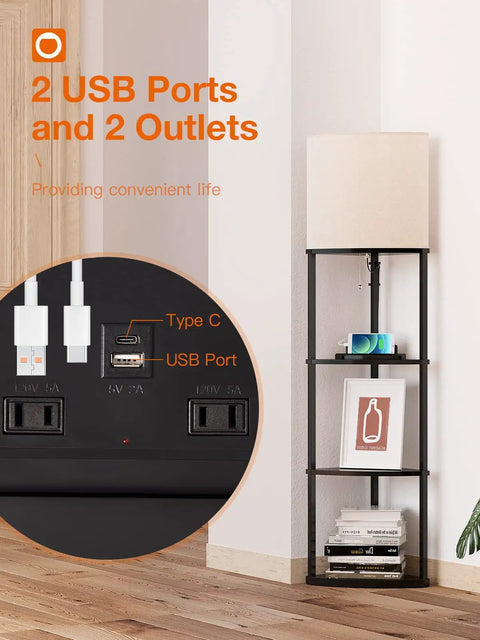 Space Saving 4 Tier Corner Shelf Floor Lamp With USB Type C Port 1 Power Outlet And 3CCT LED Bulbs shown with USB ports