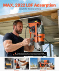 Man using Powerful 1550W Magnetic Drill Press With 0-550 RPM Variable Speed for overhead steel drilling, secure reverse application