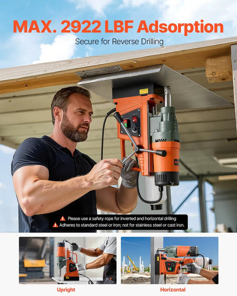 Man using Powerful 1550W Magnetic Drill Press With 0-550 RPM Variable Speed for overhead steel drilling, secure reverse application