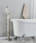 Freestanding Bathtub Faucet Floor Mount Tub Filler Brushed Nickel Brass Mixer Tap Waterfall Spout With Hand Shower 360 Degree Swivel