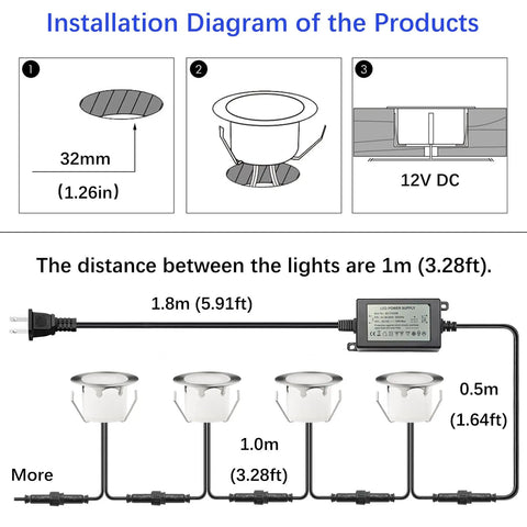 Installation diagram showing spacing and wiring for LED Outdoor Deck Light Kit 20 Pack Waterproof IP67 12V Low Voltage Recessed Stair Step Lighting