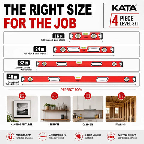 4 Piece Magnetic Level Set With Measuring Tape And Carpenter Pencil Heavy Duty Aluminum Spirit Levels Dead On Accuracy Jobsite Ready Layout Kit For Cabinets And Flooring No Fuss Pro Grade Essentials