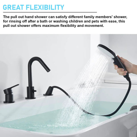 Black Roman Tub Faucet Set With Hand Shower 3 Hole Deck Mount Bath Fixture Spout Diverter Pull Out Sprayer in use