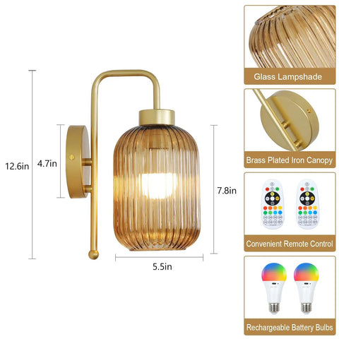 Slick Vintage Gold Wireless Wall Sconces Set Of Two Rechargeable Battery Operated Lights With Amber Stripe Glass Shades And Remote mounted on wall.