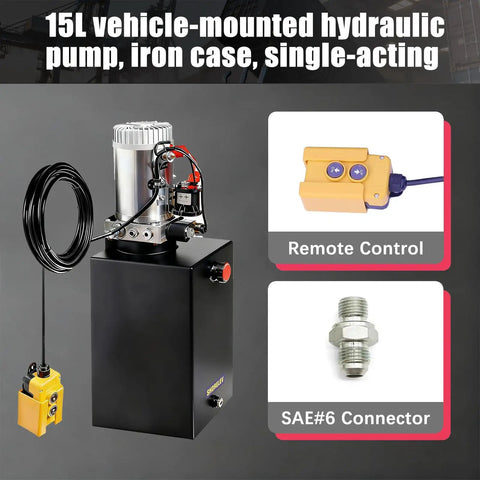 12V DC Hydraulic Power Unit With 15L Iron Reservoir And SAE 6 Connector, High Pressure 3000 PSI Single Acting Pump For Dump Trailers, Tow Trucks, Snow Plows, And Agricultural Equipment