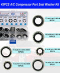 Image of 45PCS A/C Compressor Port Seal Washer Kit with labeled sizes and compartmentalized storage box.