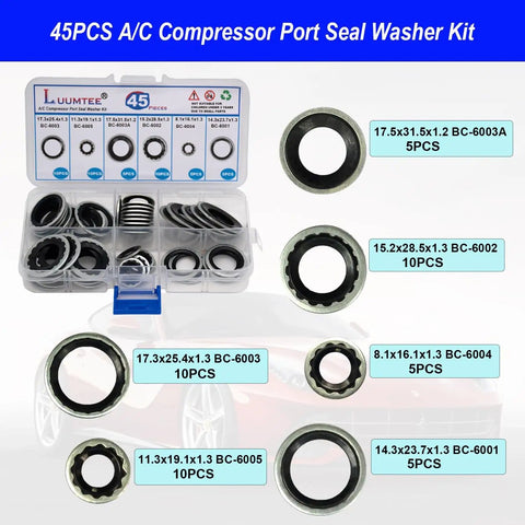 Image of 45PCS A/C Compressor Port Seal Washer Kit with labeled sizes and compartmentalized storage box.